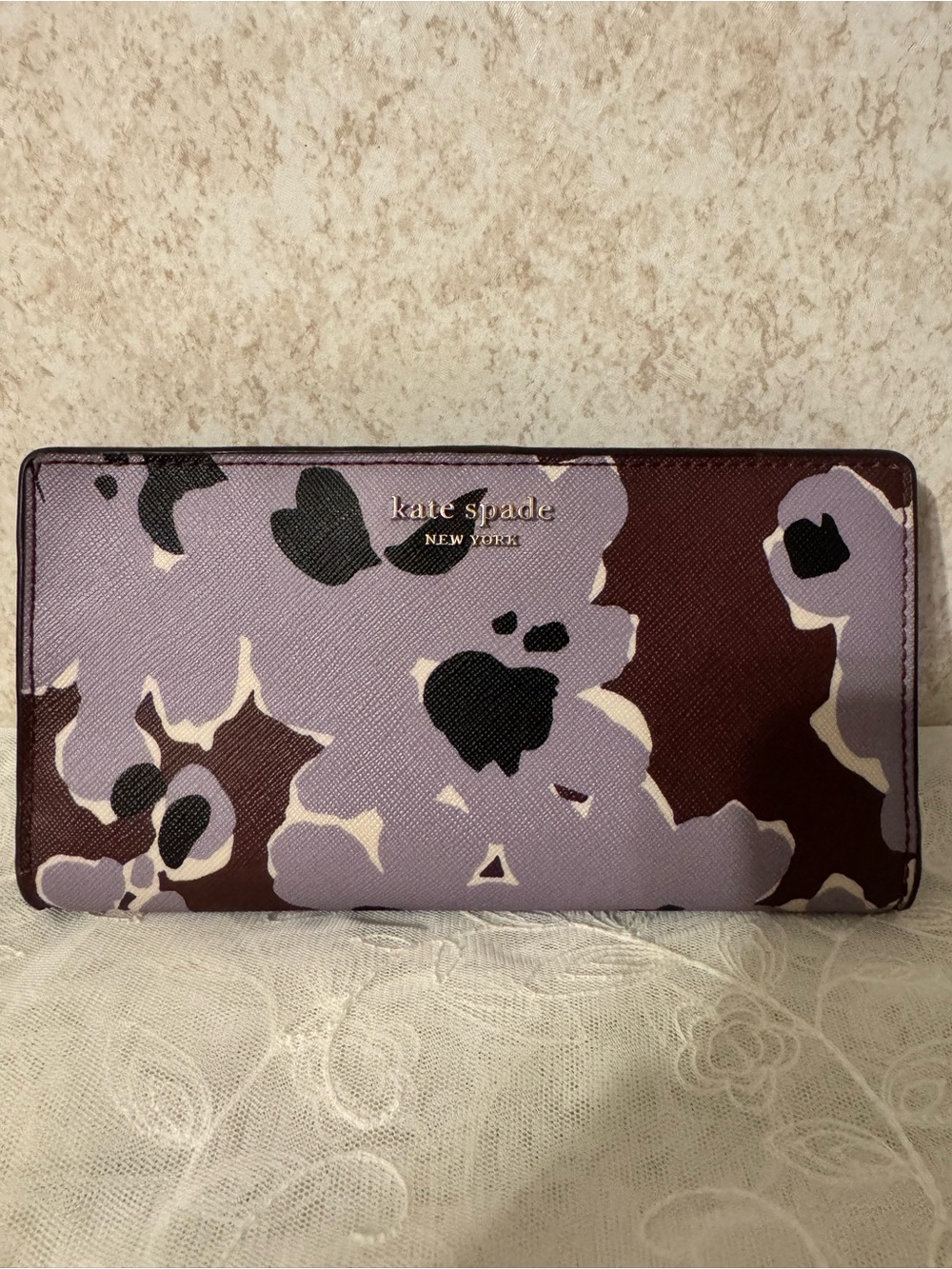 kate spade Floral Leather Long Wallet - Lavender, Maroon & Black